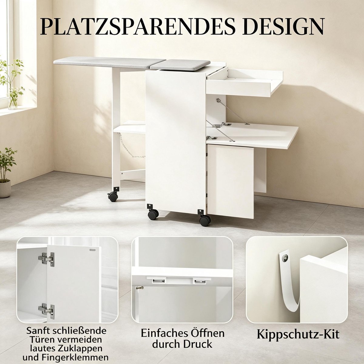COVREO Kledingkast 154x55x87 cm wit MDF, opvouwbaar met wielen en schuifdeuren
