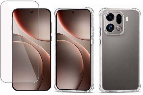 Trois photos produit : protecteur d'écran, téléphone avec coque, et arrière de téléphone avec coque.