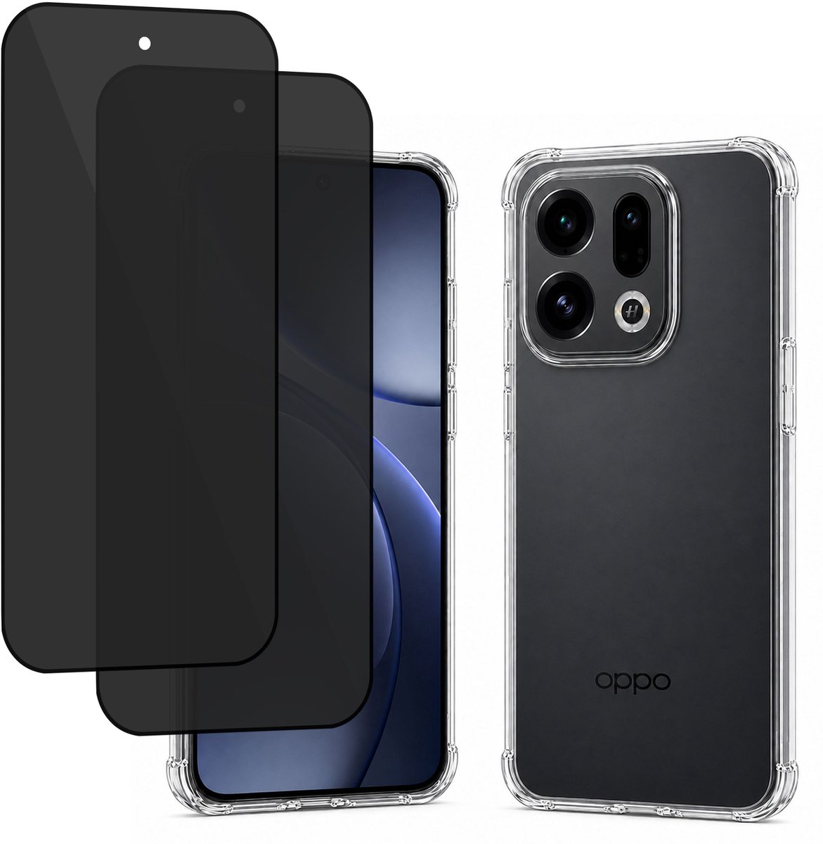 2x Hoesje met Privacy screenprotector geschikt voor OPPO Find X9 Pro - Luchtkussens - Siliconen Hoes - Gehard Glas - Transparant - geschikt voor OPPO Find X9 Pro