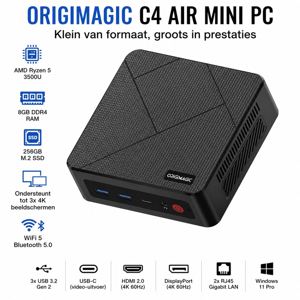 Origimagic C4 Air Mini PC – AMD Ryzen 5 3500U – 8GB RAM – 256GB SSD – Radeon Vega 8 – Triple 4K – WiFi 5 – Bluetooth 5.0 – Windows 11 Pro