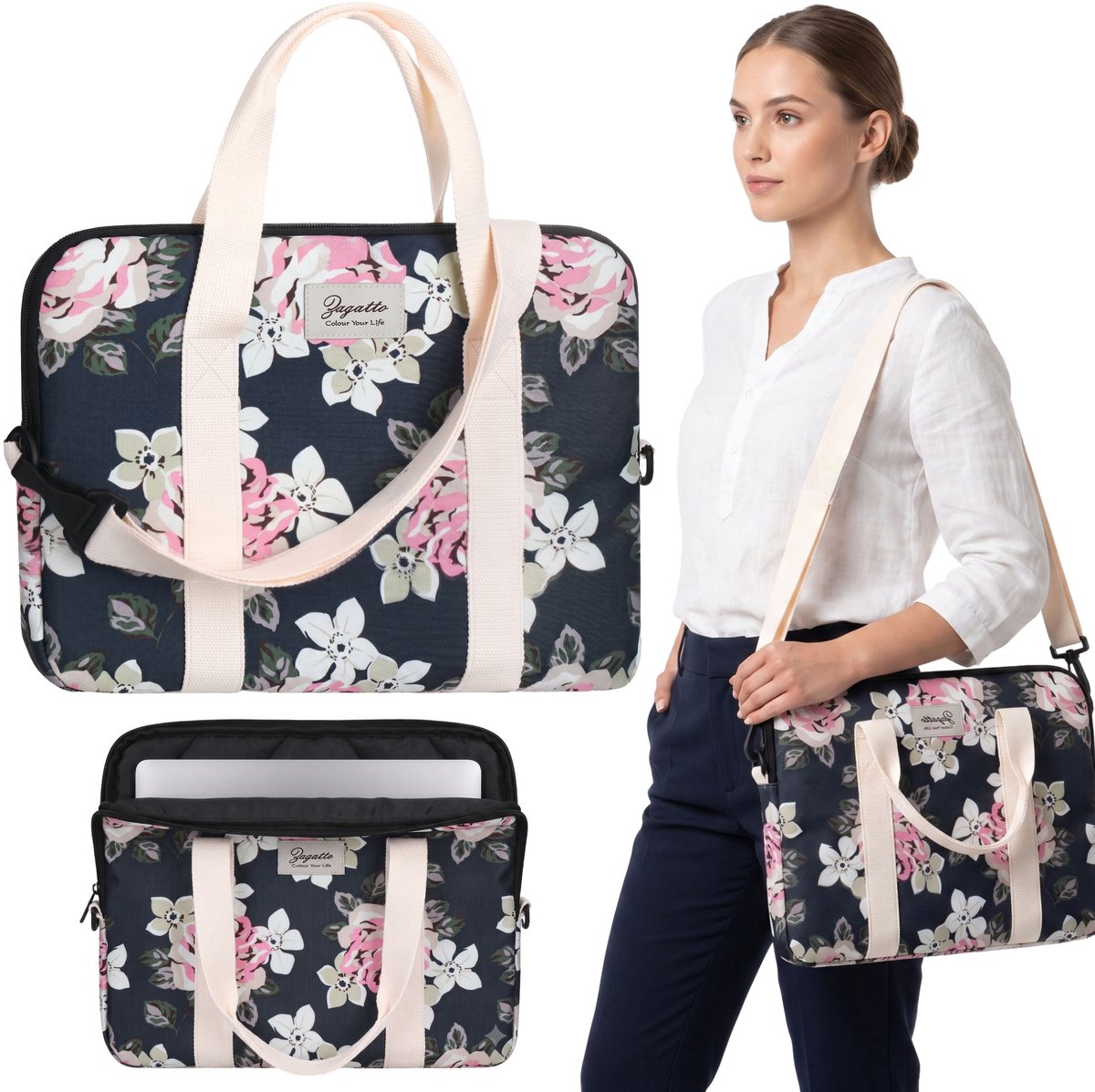 ZAGATTO Dames laptoptas 15,6 inch, schoudertas met bloemen, LICHTGEWICHT hoes met rits