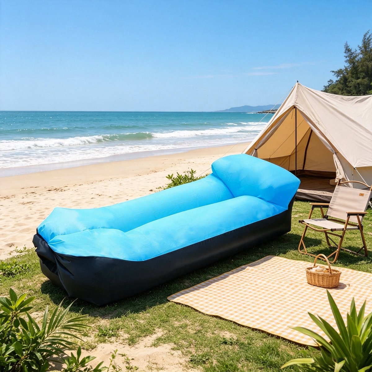 Opblaasbare ligstoel luchtkussenbank hemelsblauw draagbaar inclusief opbergtas lichtgewicht en eenvoudig op te zetten geschikt voor strand kamperen picknicks en wandelen Afmetingen 220*70*60 cm