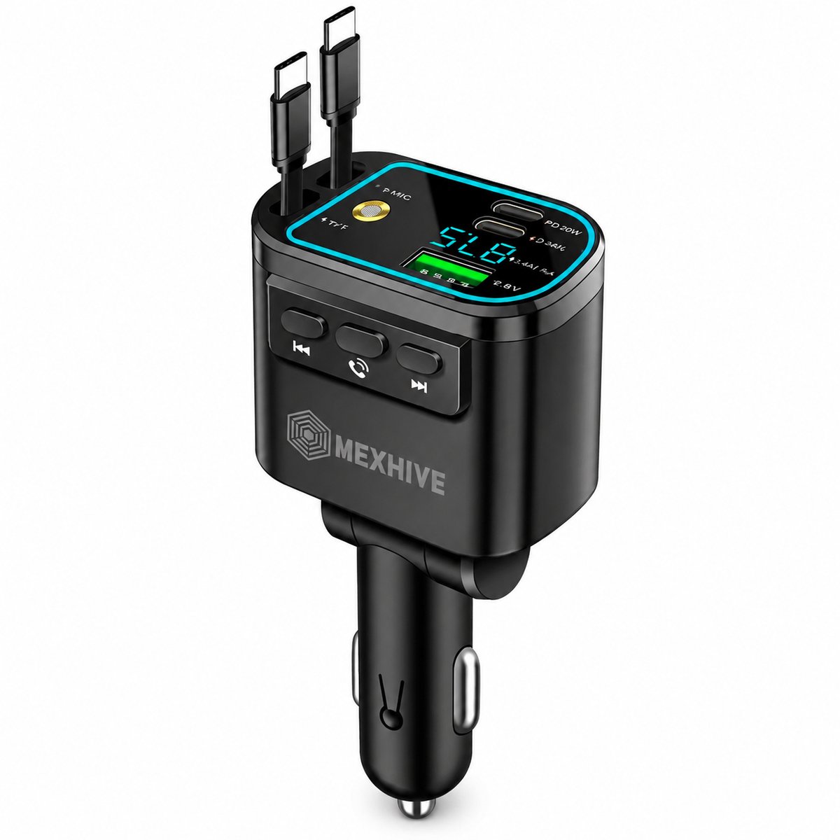 Mexhive® FM Transmitter Bluetooth Auto – Autolader met 2 Intrekbare USB-C Kabels – Snellader – Bluetooth Adapter Autoradio – Handsfree Carkit – Digitaal Display – Zwart