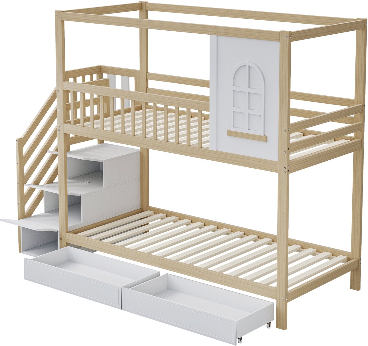MUVANO Stapelbed Kinderbed 90x200 - Massief Houten Bed - Huisbed - Met Opbergtrap - Veiligheidshekje - Lades - Voor Kinderkamer - 252x96x192cm - Houtkleur Natuurlijk