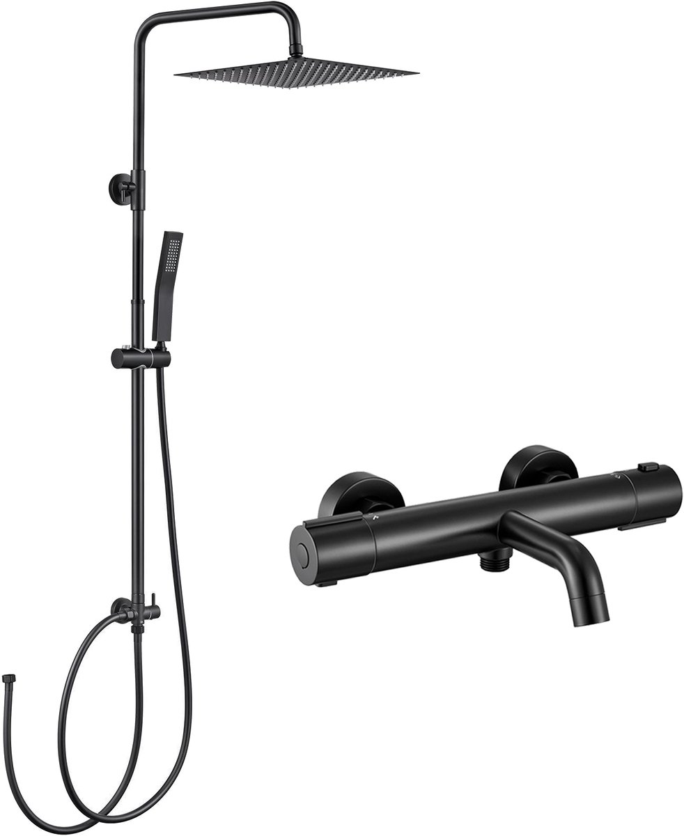 Auralum Max Regendouche Met Thermostaatkraan - RVS Doucheset - Inclusief thermostaatkraan Badkraan - 10 inch Douchekop - Vierkant Design - Verstelbare Hoogte 72-110 cm - Regendoucheset - Zwart
