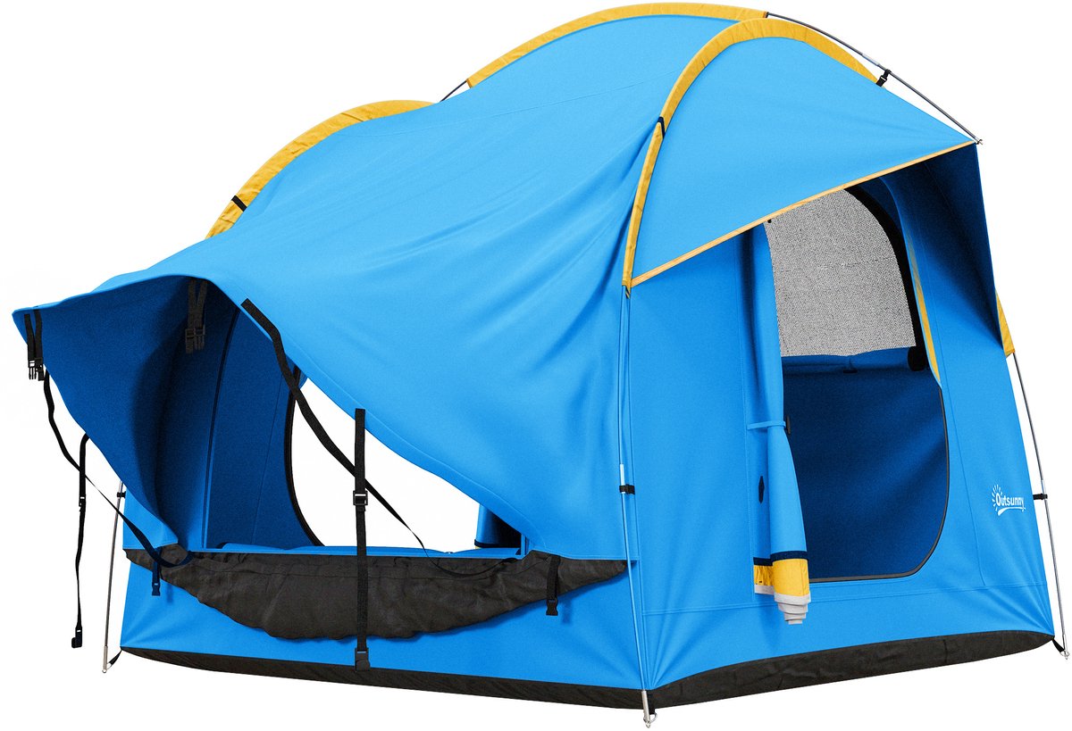 Achtertent – Autotent voor 5-6 personen – Koepeltent met 3 deuren en ramen – Van polyester – Blauw