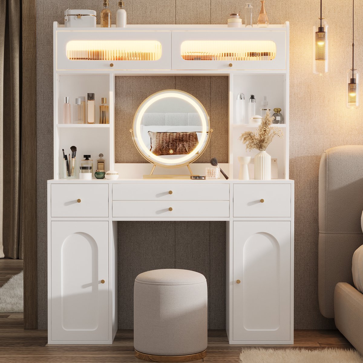 VVBV Kaptafel 120x40x160 cm - Met Spiegel, Opbergruimte, LED-Verlichting, 4 Lades - Wit, MDF