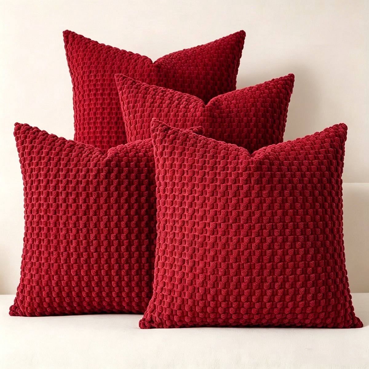 Casalora Kussenhoezen Set – 4 Stuks – 45x45 cm – Corduroy Kussenhoezen – Dubbelzijdig Gestreept – Boho Stijl – Bordeaux – Verborgen Rits – Neutraal voor Bank & Slaapkamer