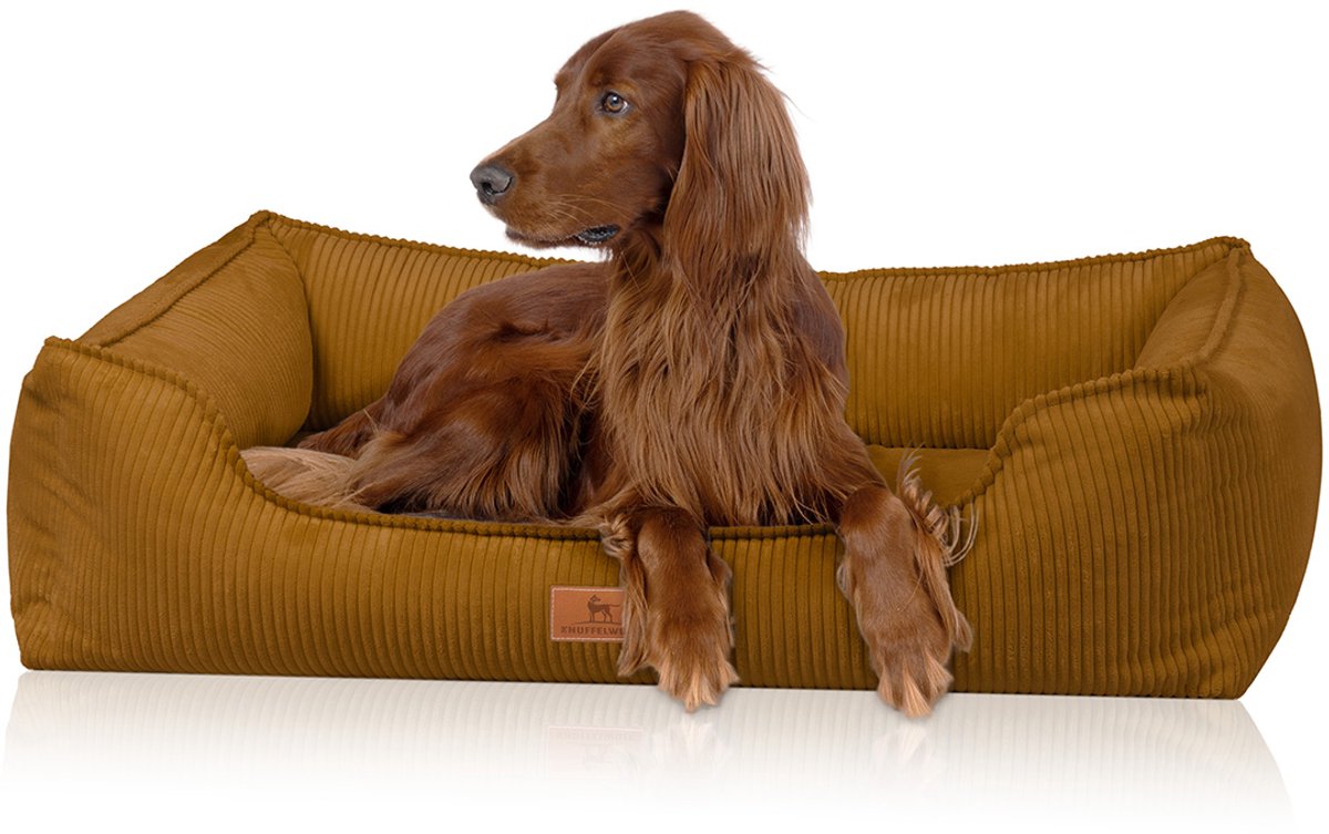 Knuffelwuff orthopedisch hondenbed van ribfluweel met handgeweven uiterlijk Nunavut M-L 85 x 63cm Mosterdgeel