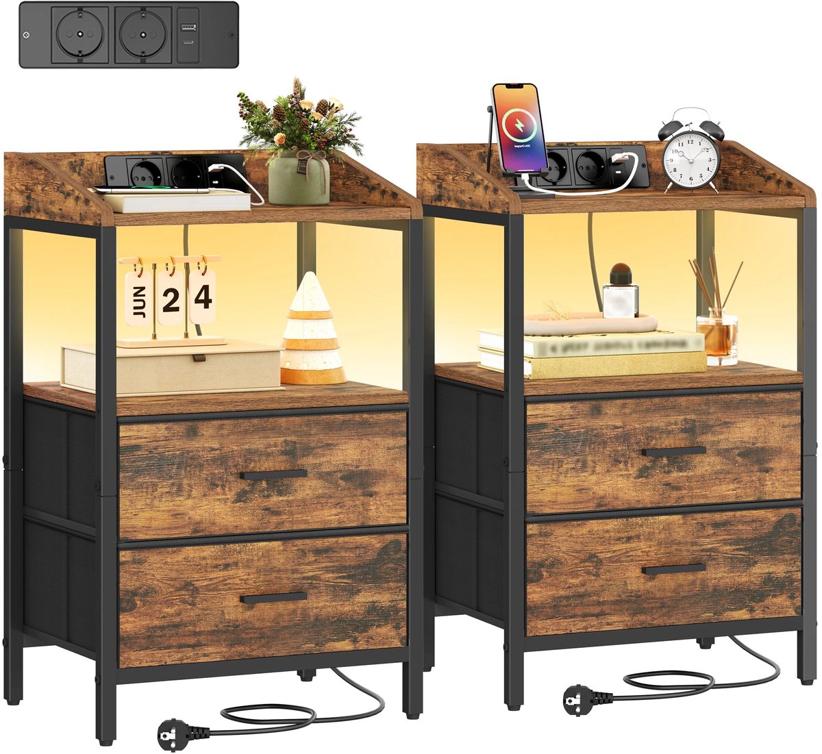 Velori Nachtkastjes Set van 2 - Nachtkastje met LED Verlichting - Bijzettafel met USB en Stopcontacten - 2 Stoffen Laden - 30 x 40 x 68 cm - Vintage Bruin