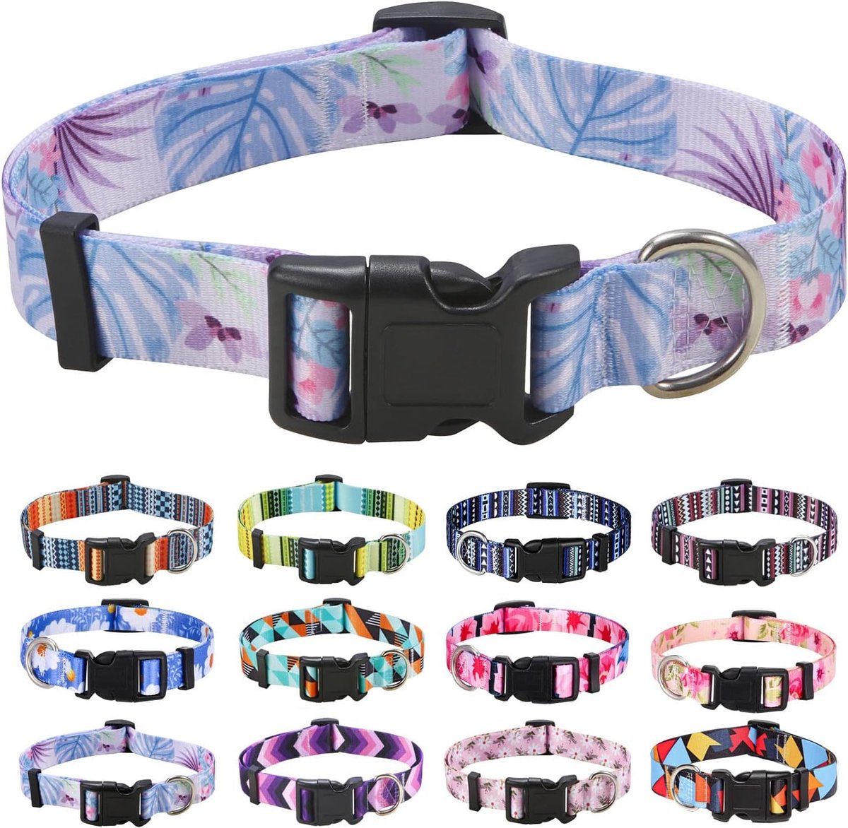 Zachte halsband voor honden, met bloemmotieven, verstelbaar, voor kleine, middelgrote of grote honden (paars monstera, L)