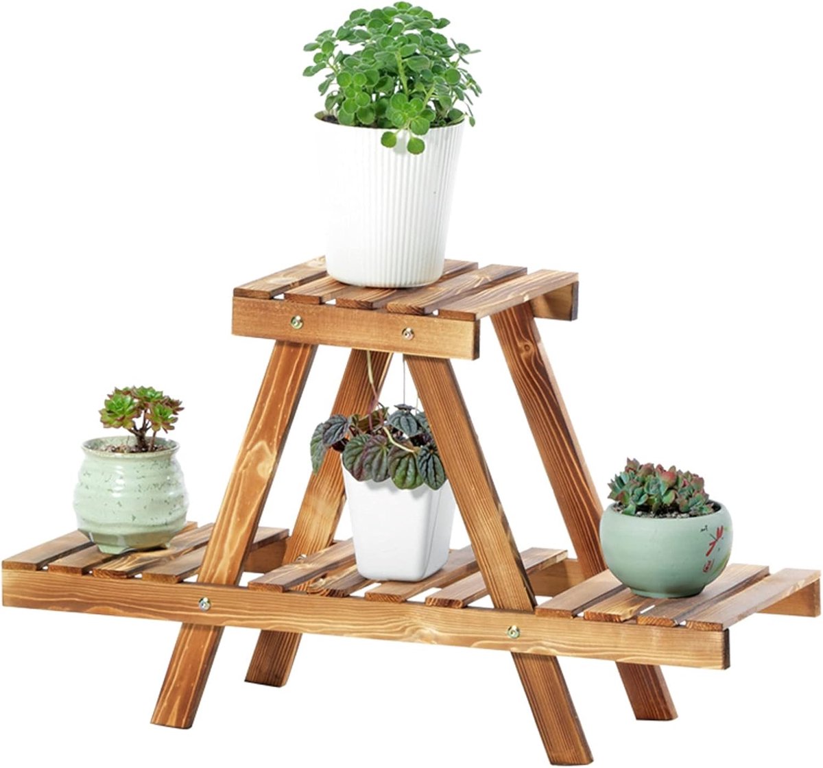 2-laags houten bloemenstandaard, binnen en buiten ladderstandaard, tuinplantenpot, succulent balkon groene radijs opbergrek