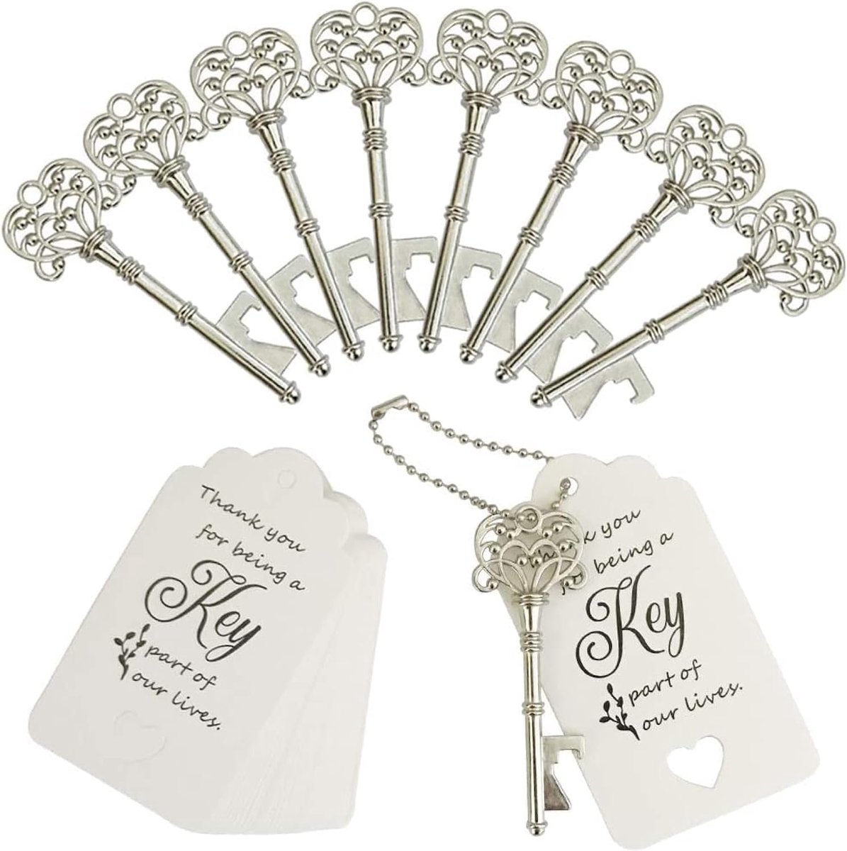 100 stuks huwelijksgunsten flesopener, huwelijksgeschenken voor gasten, vintage skeletsleutelflesopener, sleutelflesopeners met escorttagkaarten en sleutelhangers (zilver)