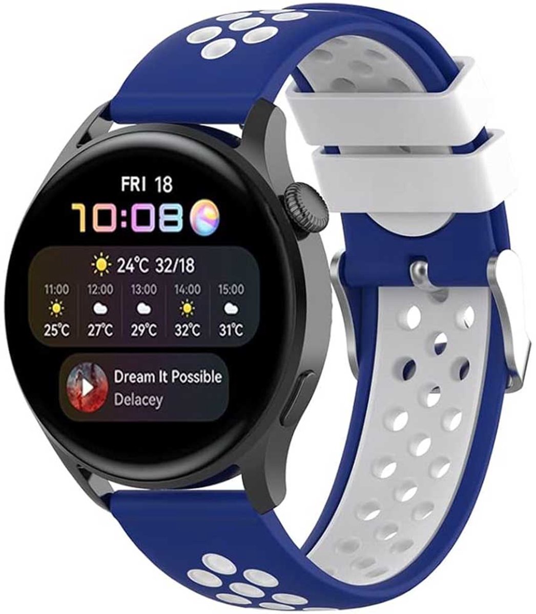 Stravo 18mm Tweekleurig Siliconen Sport Bandje – Geschikt voor Garmin Vivoactive 4S / Vivomove 3S / Venu 2S / Venu 3S / Venu 4 41mm / Forerunner 255S / 265S & Huawei Watch GT 5 / GT 5 Pro / GT 6 – Ademend Horlogebandje – Blauw / Wit