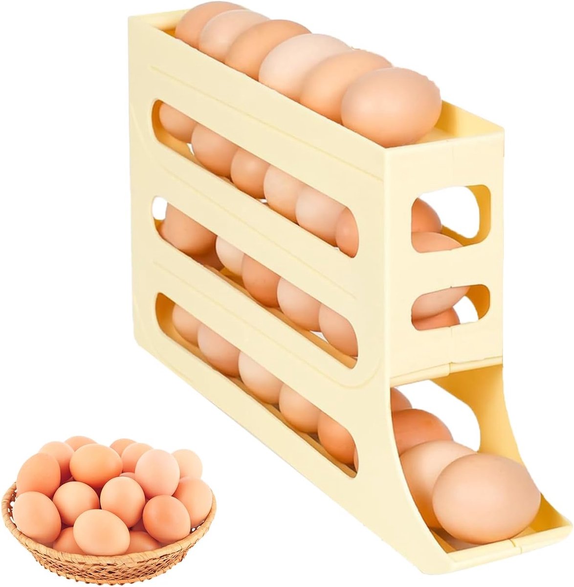 Eieropslag, eierhouder voor koelkast, ruimtebesparende rollende eierdispenser, eierhouder, kunststof ei-organizer
