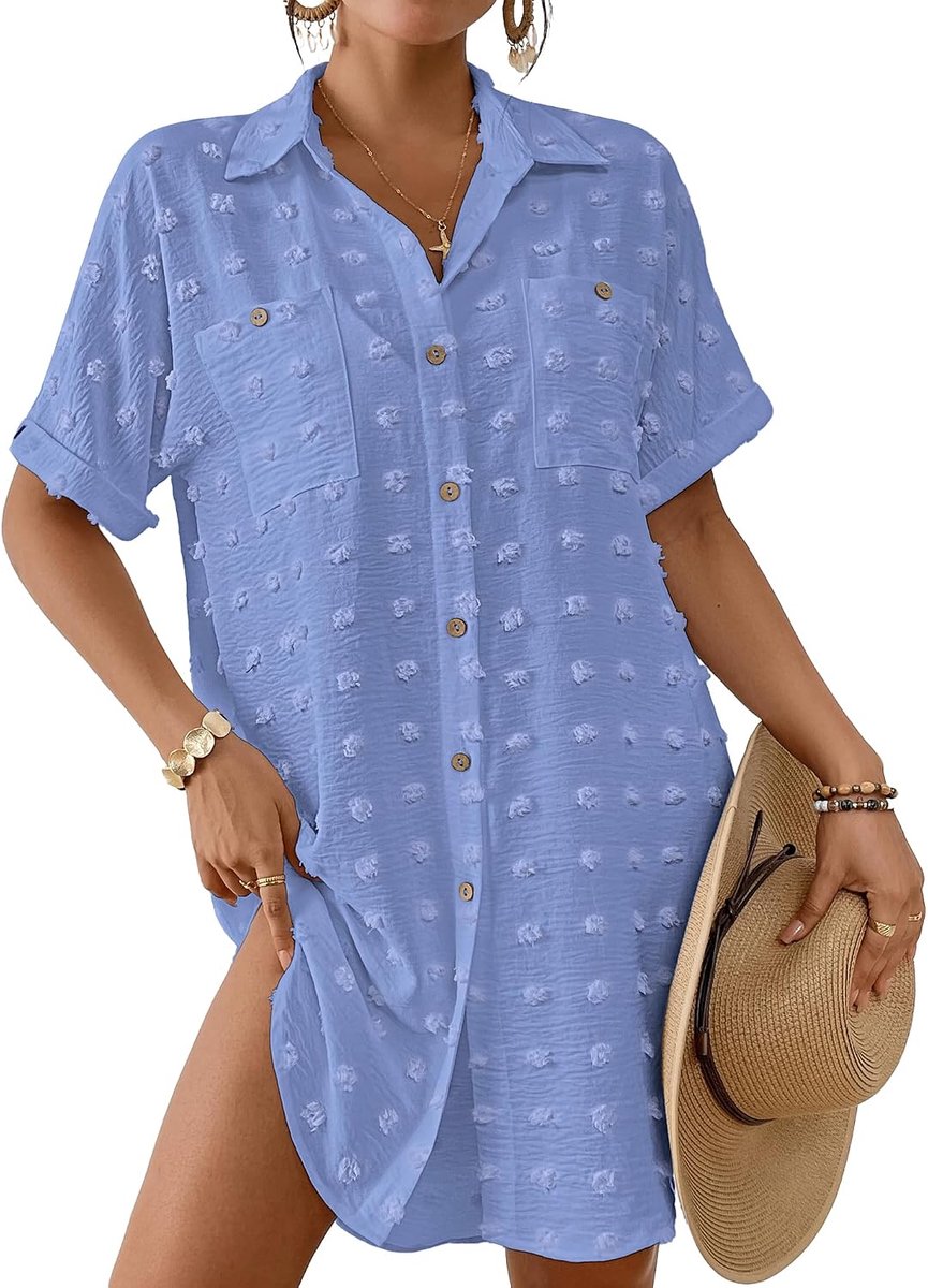 Badpak Coverup voor Vrouwen Zwitserse Dot Badpak Badmode Button Down Strand Shirt Cover Up Resort Wear