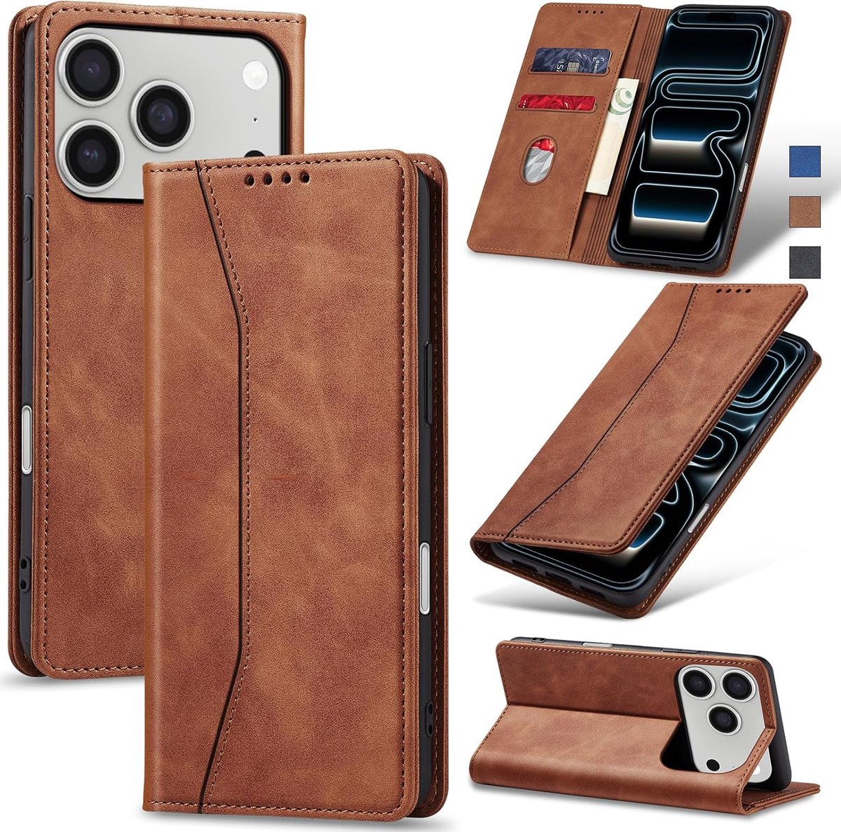Hoesje voor iPhone 17 Pro Hoes Book case, Premium Lederen Flip Wallet Telefoon Case [Kickstand]Hoogwaardige cover mobiele telefoon case geval beschermhoes (Bruin)