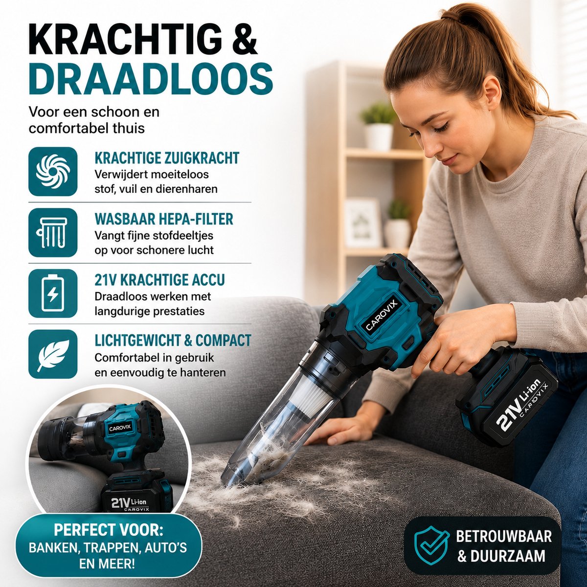 Carovix® Bladblazer op accu - 2-in-1 Accu Bladblazer & Handstofzuiger – Krachtig Blazen en Zuigen - 2 Accu’s - 350km/u Luchtsnelheid - Voor Tuin, Auto & Huis - Handblazer - Draadloze Luchtblazer - Auto Droger - Turbo Ventilator - Stofblazer – foto 5