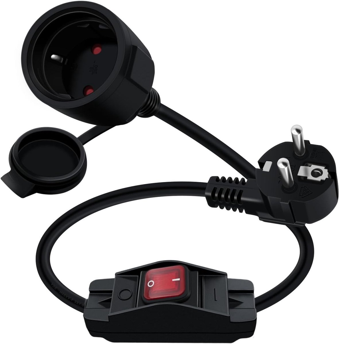 Schuko-verlengkabel met schakelaar 16 A 250 V 90 graden Schuko-kabel met schakelaar 2 AC voor stopcontact IP44 voor buiten of binnen, thuis, kantoor (Zwart, 0,5 m)