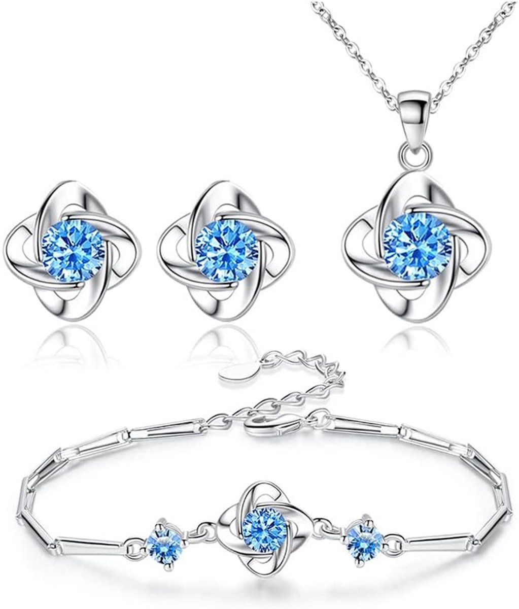Sieradenset voor dames, zilveren kristallen, hanger, halsketting, armband, oorbellen, set, strass, bruidssieraden, set, feest, verjaardag, jubileum, Kerstmis, Valentijnsdag, geschenken