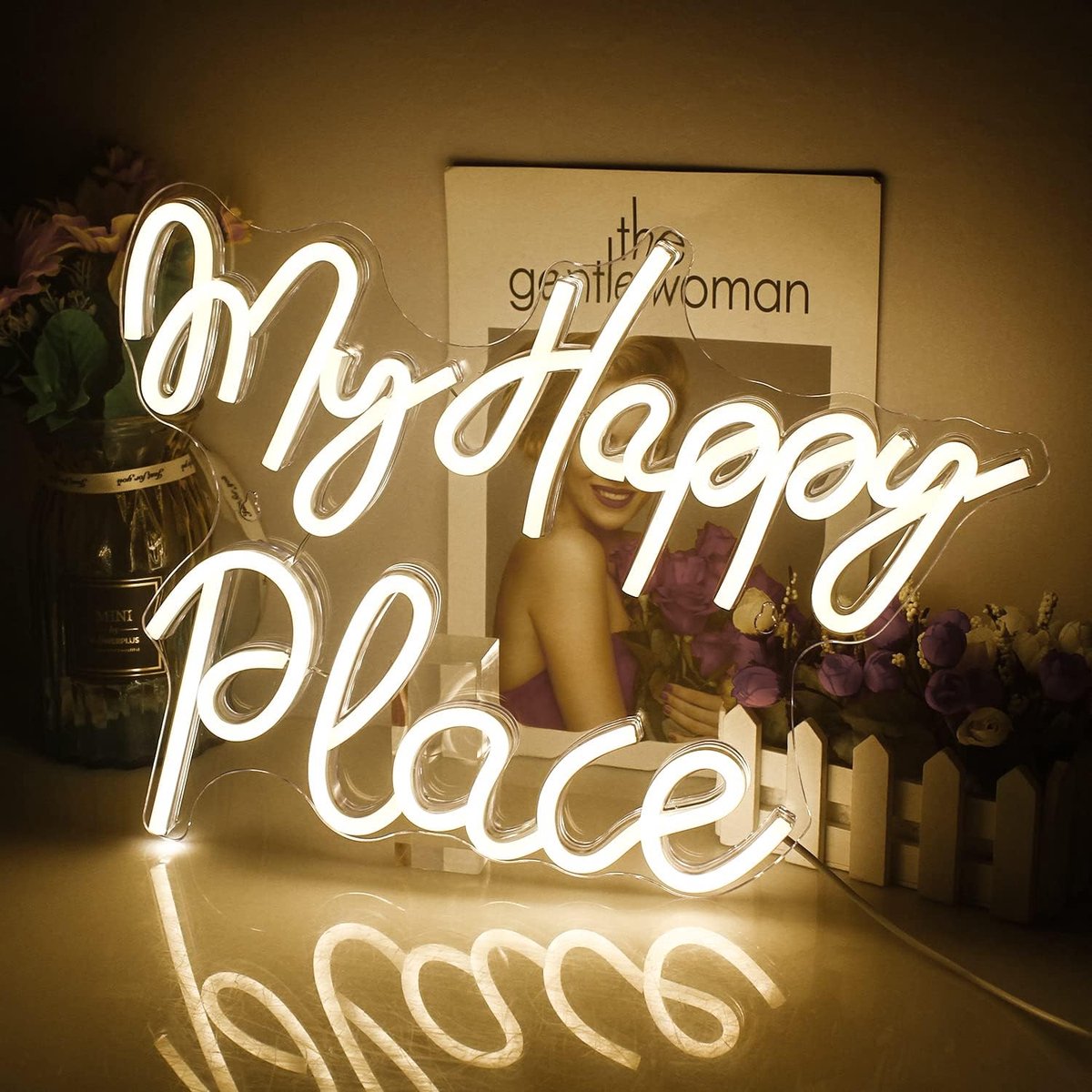 Happy Place Neonbord met warme witte woorden, neonlichten voor slaapkamer, barborden, USB-aangedreven acryl voor woonkamer, thuis, groter feest-neonbord