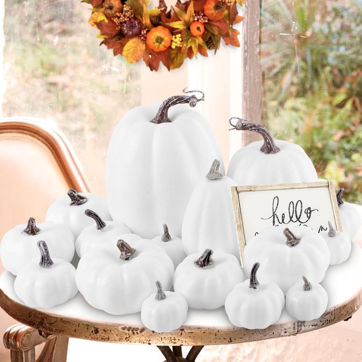 Pompoen Herfstdecoraties, Wit Schuim Plastic Nep Faux Kunstmatige Pompoenen voor Halloween en Herfst Oogst Festival, 16 stks