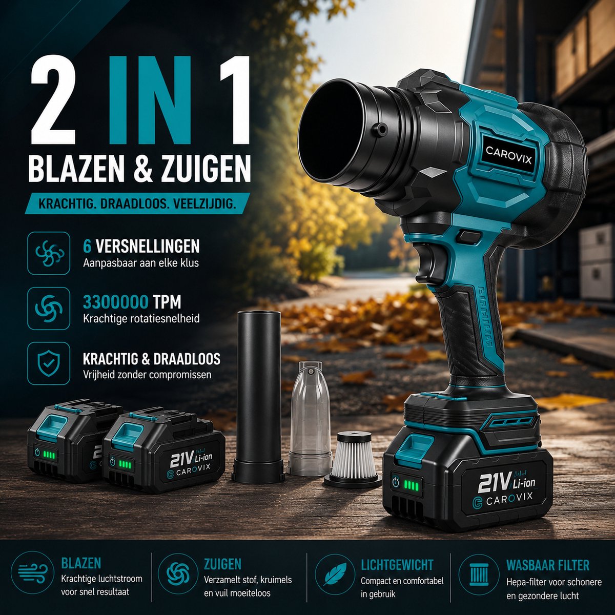 Carovix® Bladblazer op accu - 2-in-1 Accu Bladblazer & Handstofzuiger – Krachtig Blazen en Zuigen - 2 Accu’s - 350km/u Luchtsnelheid - Voor Tuin, Auto & Huis - Handblazer - Draadloze Luchtblazer - Auto Droger - Turbo Ventilator - Stofblazer – foto 3