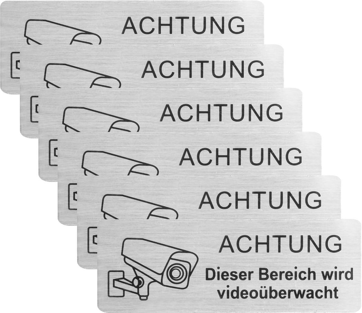 6 stuks bordje voor videobewaking, privégrondstuk, waarschuwingsbord, videobewaking, borden, aluminium waarschuwing, camera, bewakingsbord, voor binnen en buiten (85 x 30 mm)