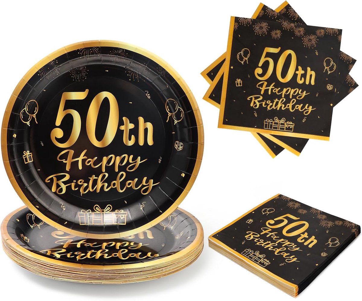 50 stuks 50e zwart en goud verjaardagsfeestservies, papieren borden, set voor verjaardagsfeest, tafeldecoratie, 25 gasten
