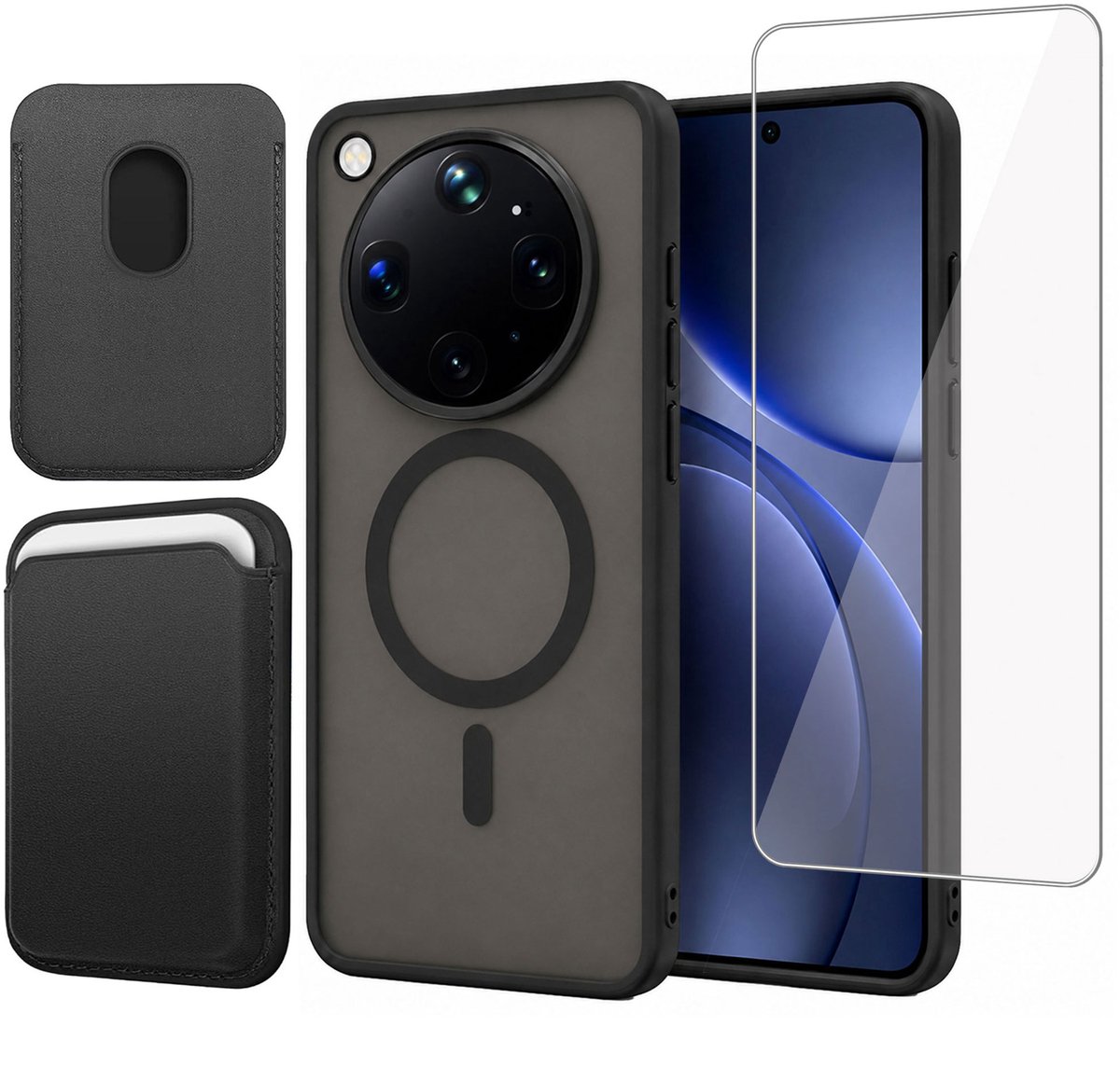Hoesje + Pasjeshouder + Screenprotector geschikt voor OPPO Find X9 Ultra - Portemonnee geschikt voor MagSafe - Magnetisch - Pasjes Houder - Creditcardhouder - Zwart