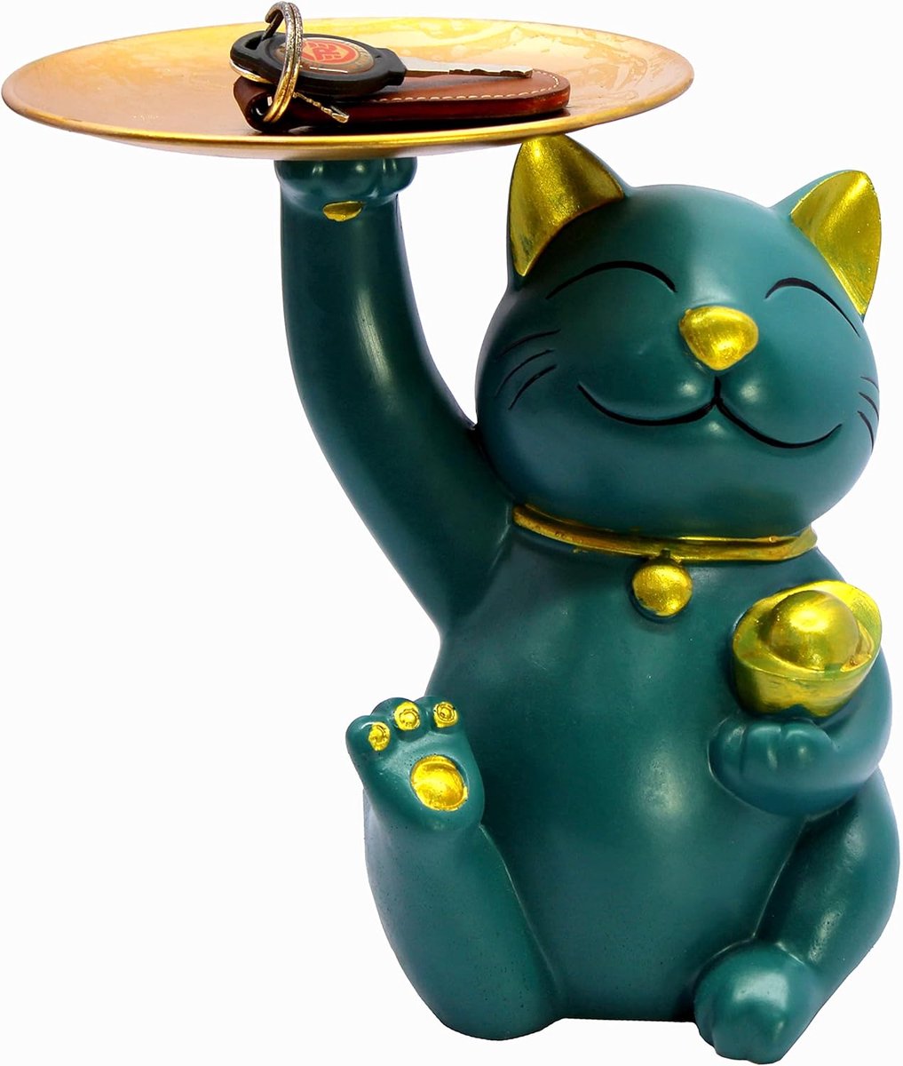 ESplanade Cat Holding Gouden Plaat Showpiece Beeldje Beeldje | Decoratie Home Decor Hars - 21,6 cm - Groen-Goud