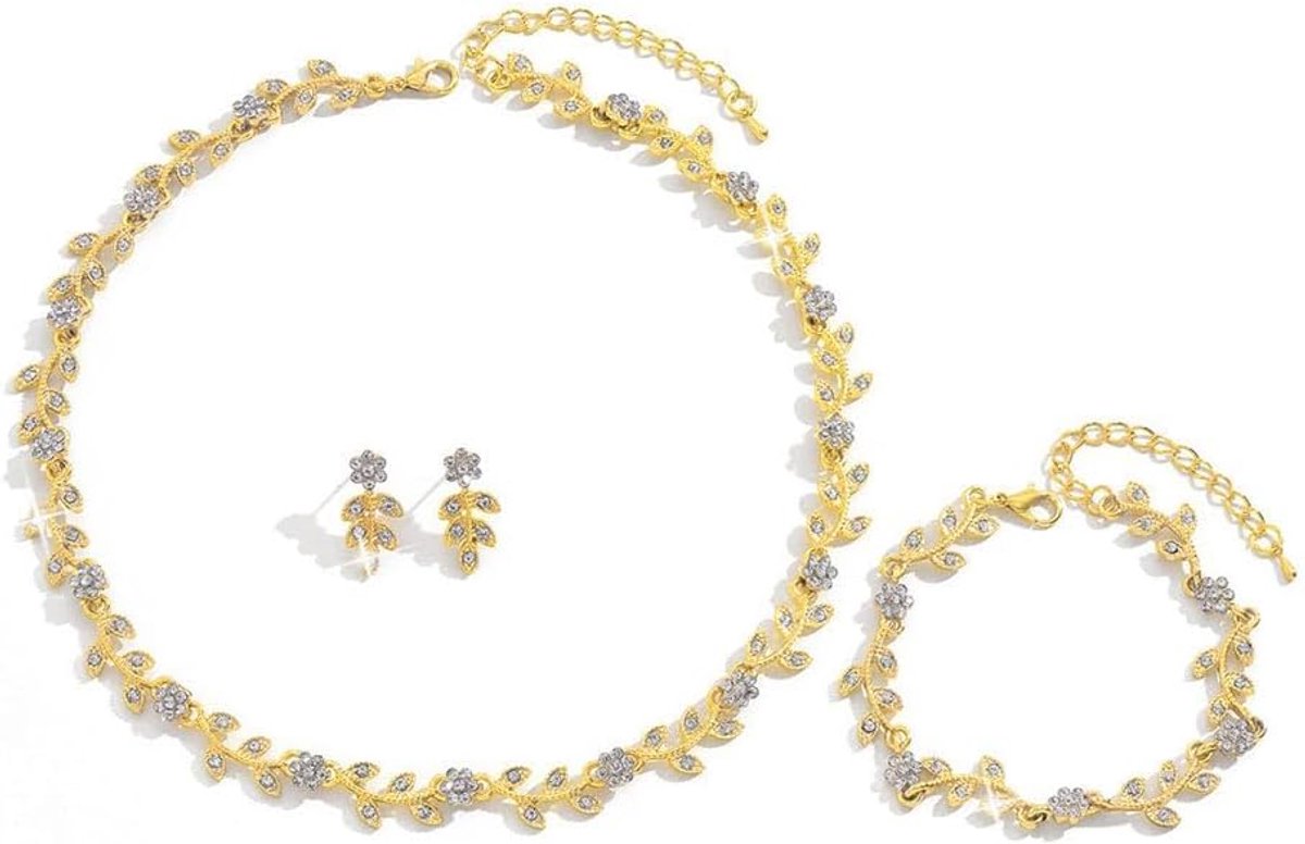3 Stuks Bruidssieraden Set Dames Bladvorm Bloem Ketting Armband Oorbellen Sieraden Set Trouwsieraden Bruiloft Accessoires Gala Feest Sieraden Voor Vrouwen