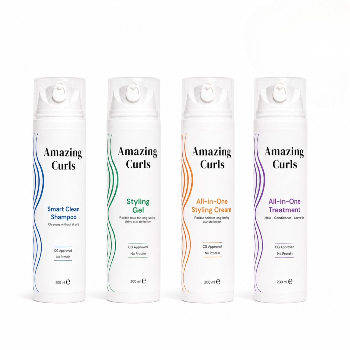Amazing Curls Moisture Set 4-delig – CG Methode / Curly Girl Routine – Shampoo + Treatment + Styling Cream + Gel – Proteïnevrij – Anti Pluis – 4x200 ml