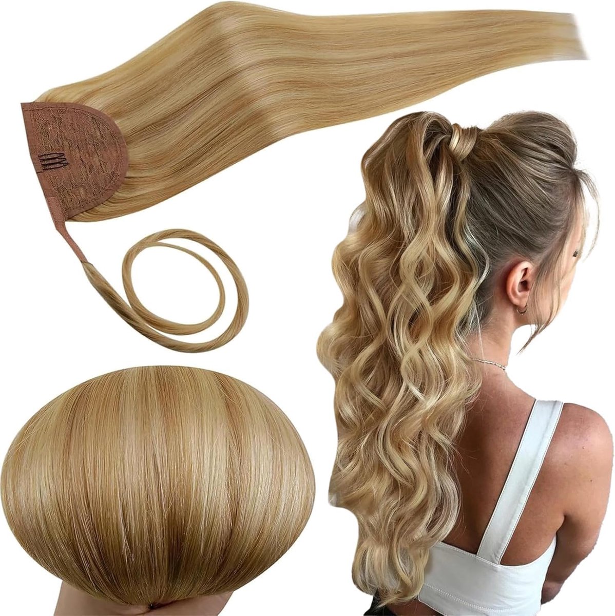 Paardenstaart Extensions Echt Haar Goudblond met Licht Blond 14 Inch 70g #16P24 | Natuurlijke paardenstaart-extension, echt menselijk haar, glad, glanzend, zijdezacht gevoel