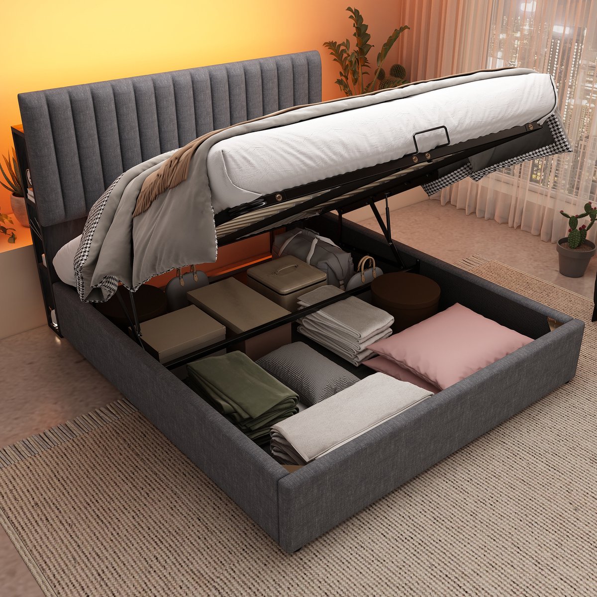 Gestoffeerd bedframe - voor matras 140 x 200 cm - grijs - met LED-verlichting en USB-aansluiting en opbergruimte en lattenbodem - voor de slaapkamer