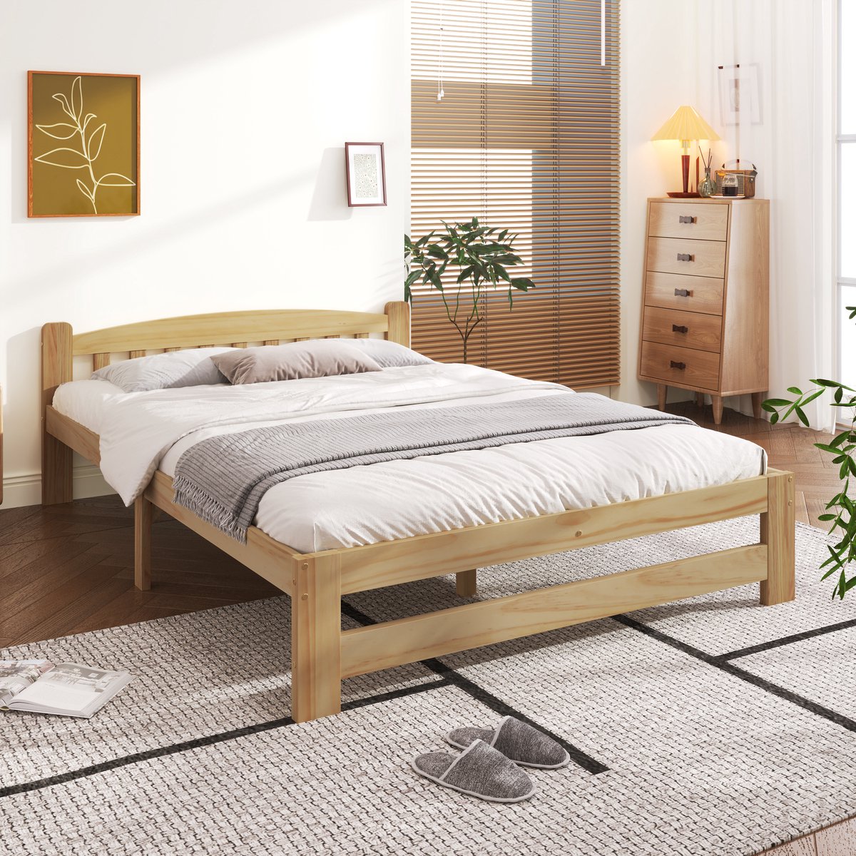 Bedframe - voor matras 140 x 200 cm - naturel - met lattenbodem - afmetingen 146 x 205 x 55 cm - matras niet inbegrepen - voor de slaapkamer