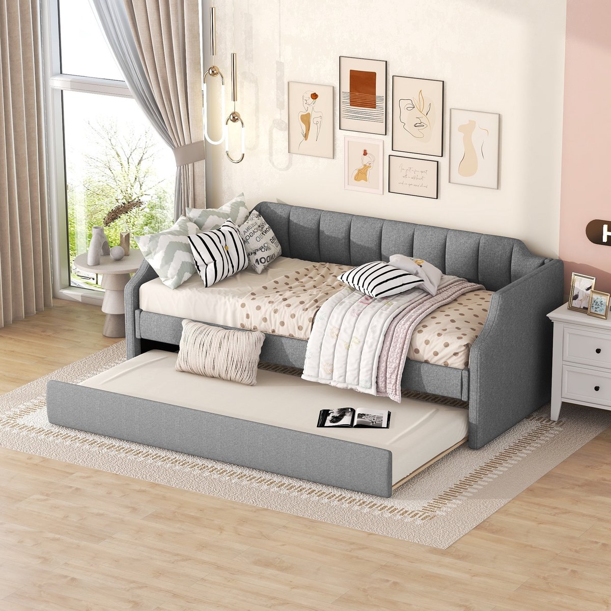 Bedframe - voor matras 90 x 200 cm - grijs - afmetingen 97 x 213 x 81 cm - maximaal belastbaar 120 kg - matras niet inbegrepen - voor de slaapkamer