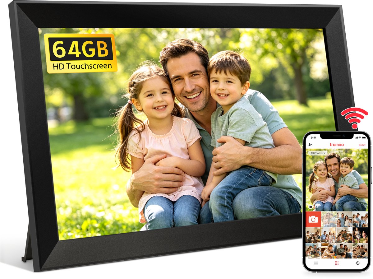 Digitale fotolijst met WiFi en Frameo App - 10.1 inch HD IPS Display - Fotokader met Touchscreen - 64GB Geheugen - Automatische Rotatie & Wandmontage - Zwart