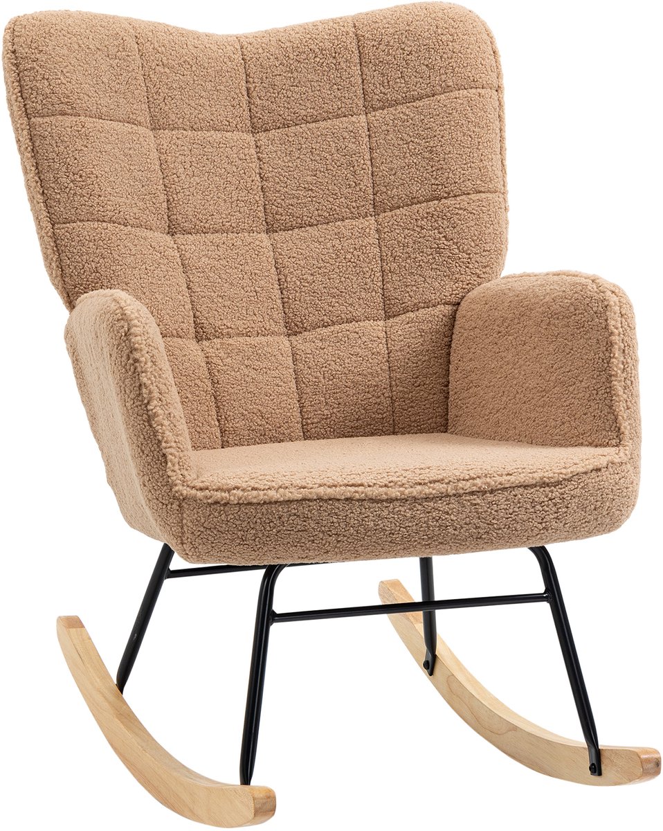 Schommelstoel met kunstleer in bruin - stoel met hoge rugleuning en vulling - houten armleuningen - moderne relaxstoel