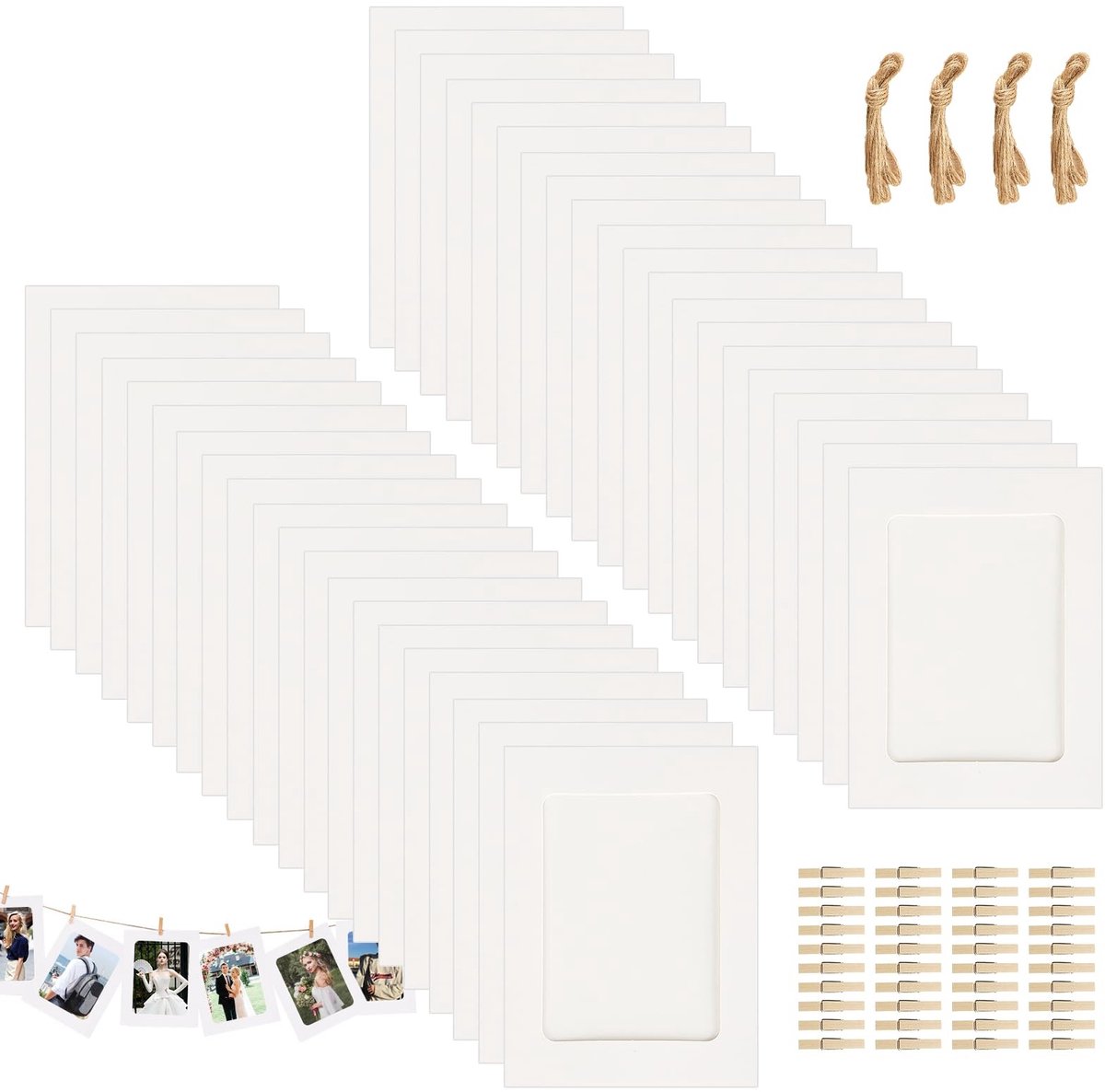 SolidKeus - Set van 40 Zelfklevende Fotolijsten met Houten Klemmen en Touw