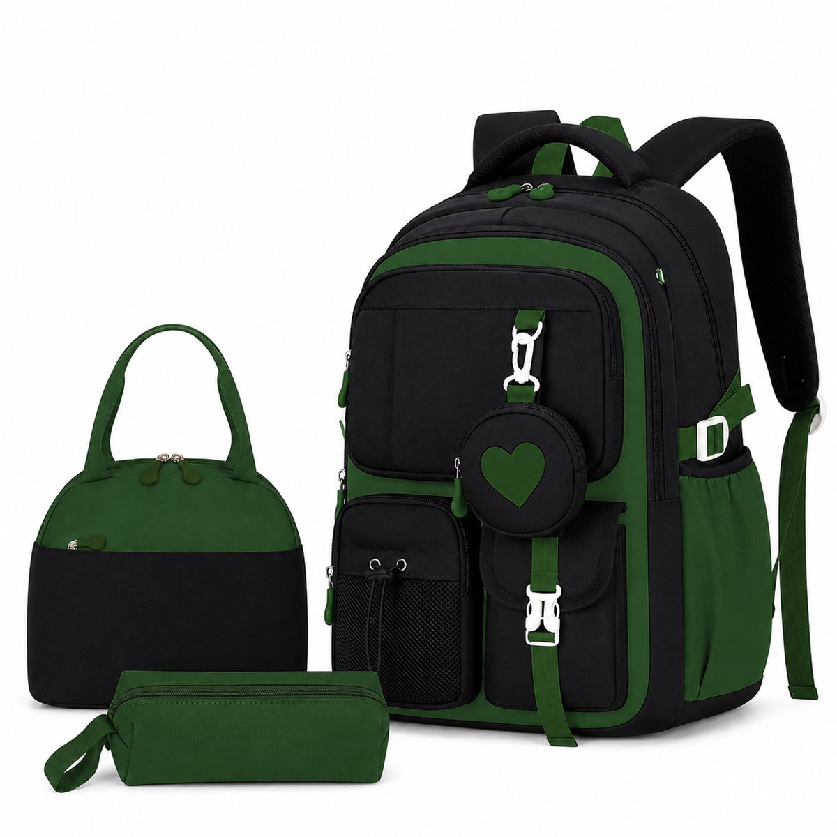 Schooltas voor meisjes - 3 stuks Rugzak - Waterdichte rugzak voor meisjes - School rugtas - lichtgewicht schooltas - Rugzakken met grote capaciteit voor Meisjes en Jongens - Groen