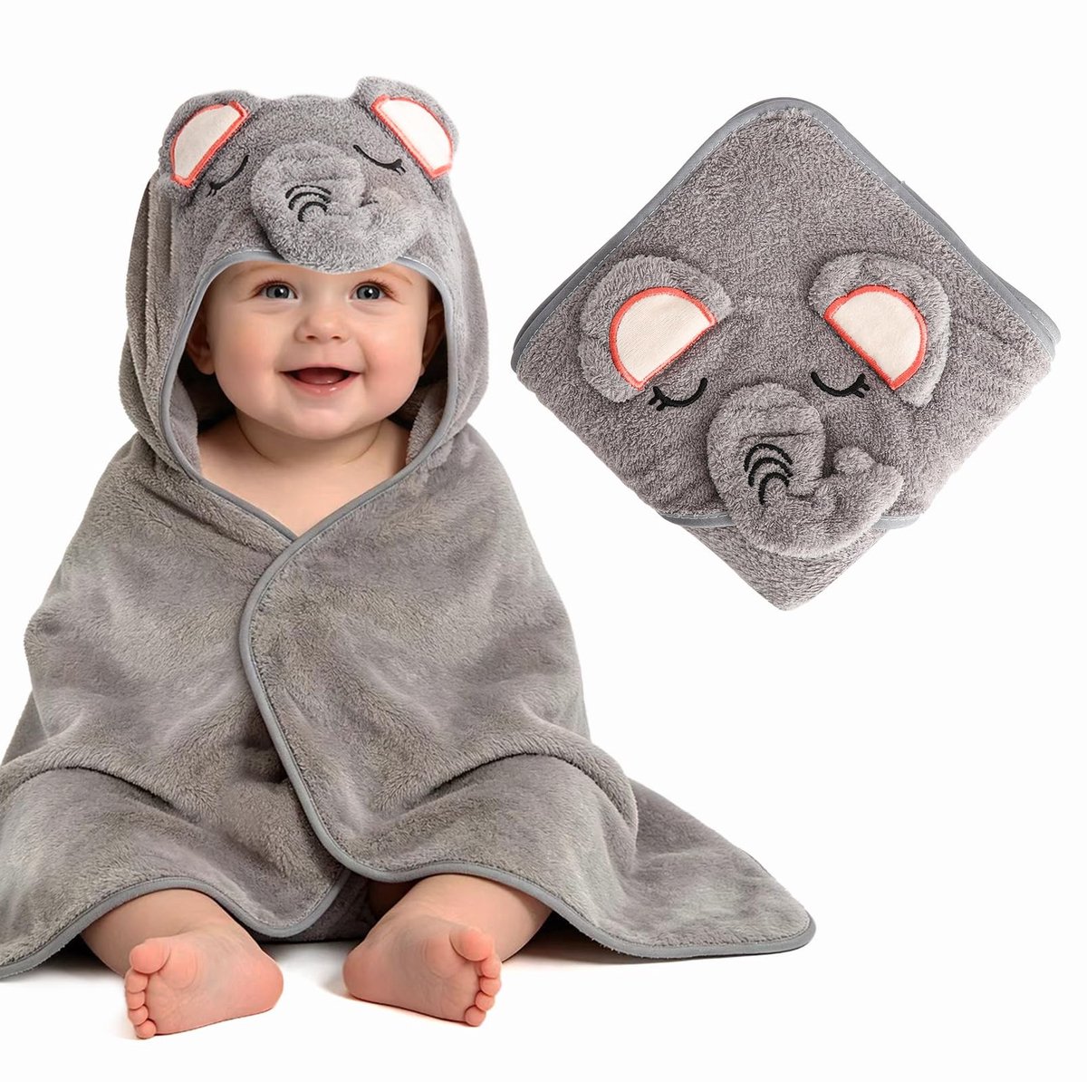SolidKeus - Zachte Kapuzenhanddoek voor Baby's in Grijs met Olifantmotief