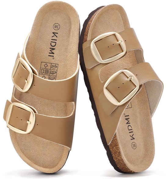 Unisex sandalens – PU bovenkant schoenen – Met kurken zool slippers– Houten sandalens – Mokakleur - 40- Geschikt voor een voetlengte van 25,4 cm