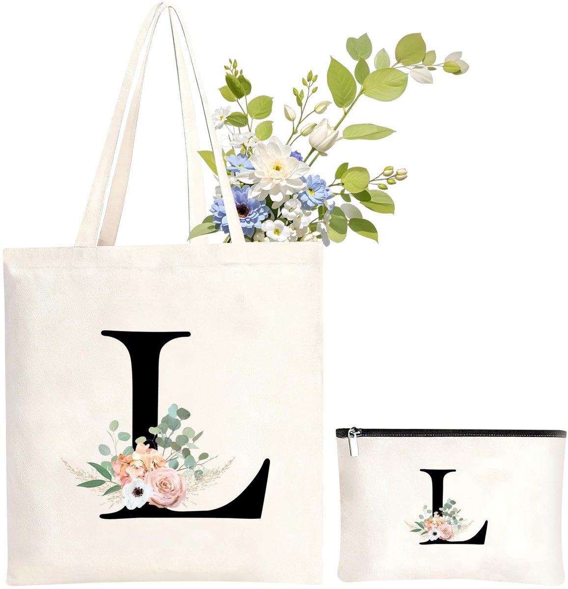 SolidKeus - Gepersonaliseerde Katoenen Tas met Initialen en Make-up Tas Set