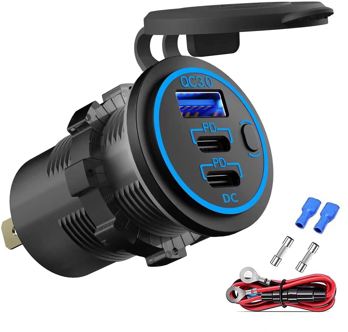 Omgoods - 12V USB Oplaadkabel met 3 Poorten en Schakelaar