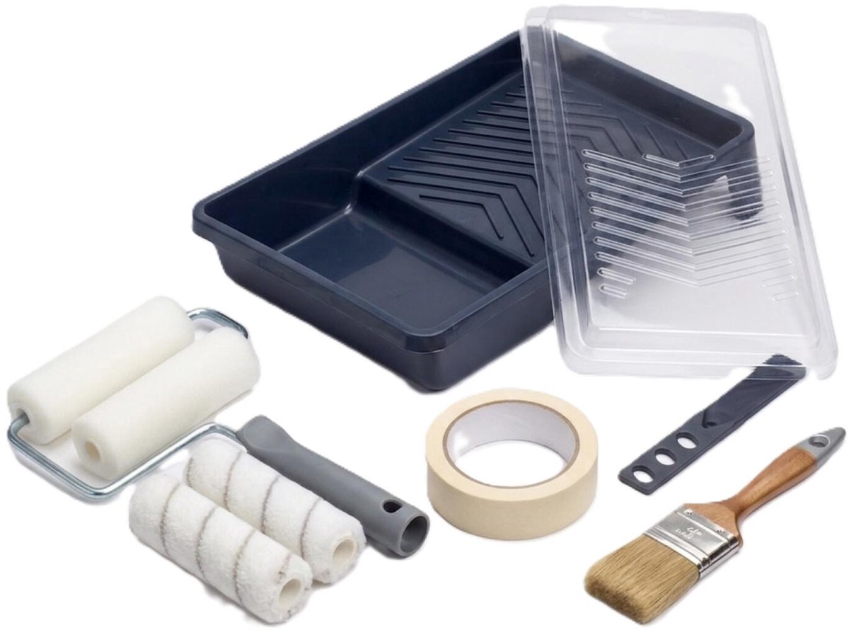 FX Tools Verfroller set 10 delig - lakroller en schuimrollers - B10 cm - verfbak met beugel - afplaktape - kwast