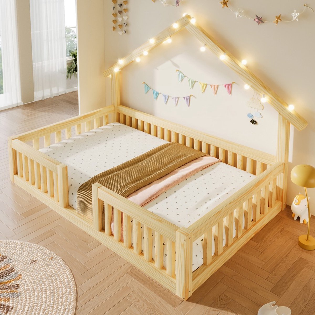 Pugsdrly 90x200 cm van hout met valbeveiliging, huisbed met LED-lichtslinger, vloerbed met veiligheidshek, naturel