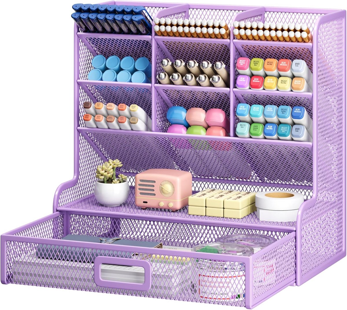 Bureau organizer - Pennenbakje - Porte-stylos et Tiroir coulissant - 9-vaks Metalen Pennenhouder met Lade - Net en Opbergrek - Geschikt voor School Thuis en Kantoor - Paarse Kleur - 1 Stuk