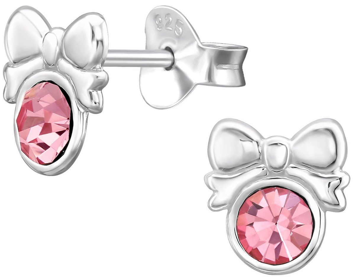 Joy|S - Zilveren strikje oorbellen - 7 mm - rond roze kristal - sterling zilver 925 - strikjes oorknopjes zilver met roze