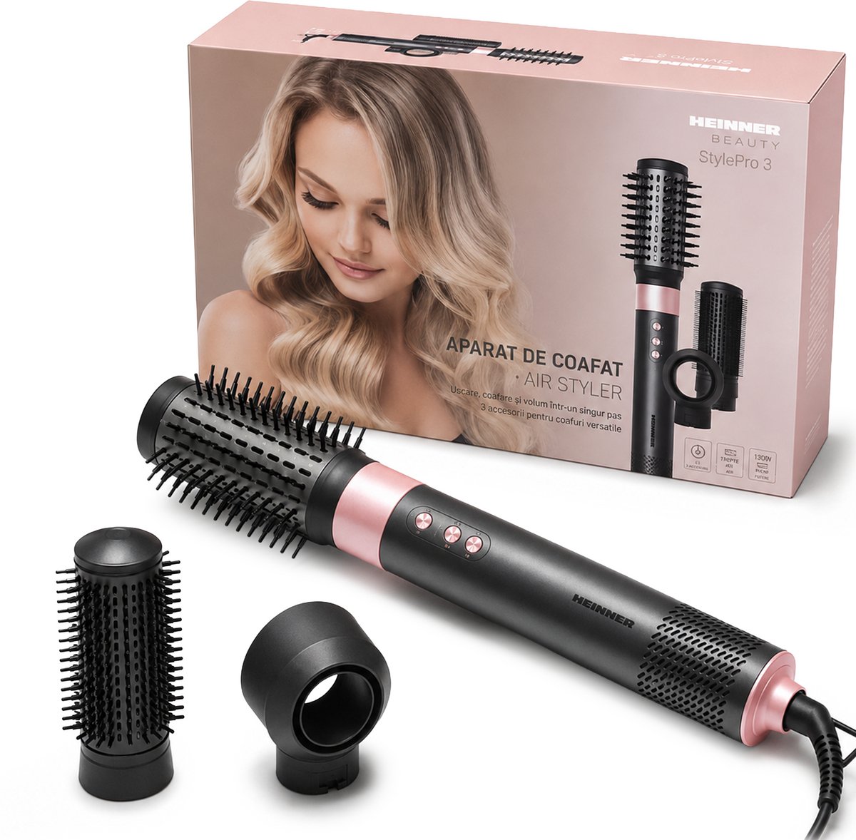 Heinner Professionele Heteluchtstyler – 1500 W – BLDC Motor – 3 Snelheden – 3 Temperatuurstanden – Ionisatiefunctie – Ronde Borstel, Stijlborstel & Föhn – Roze